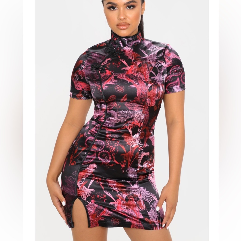Black satin split mini dress